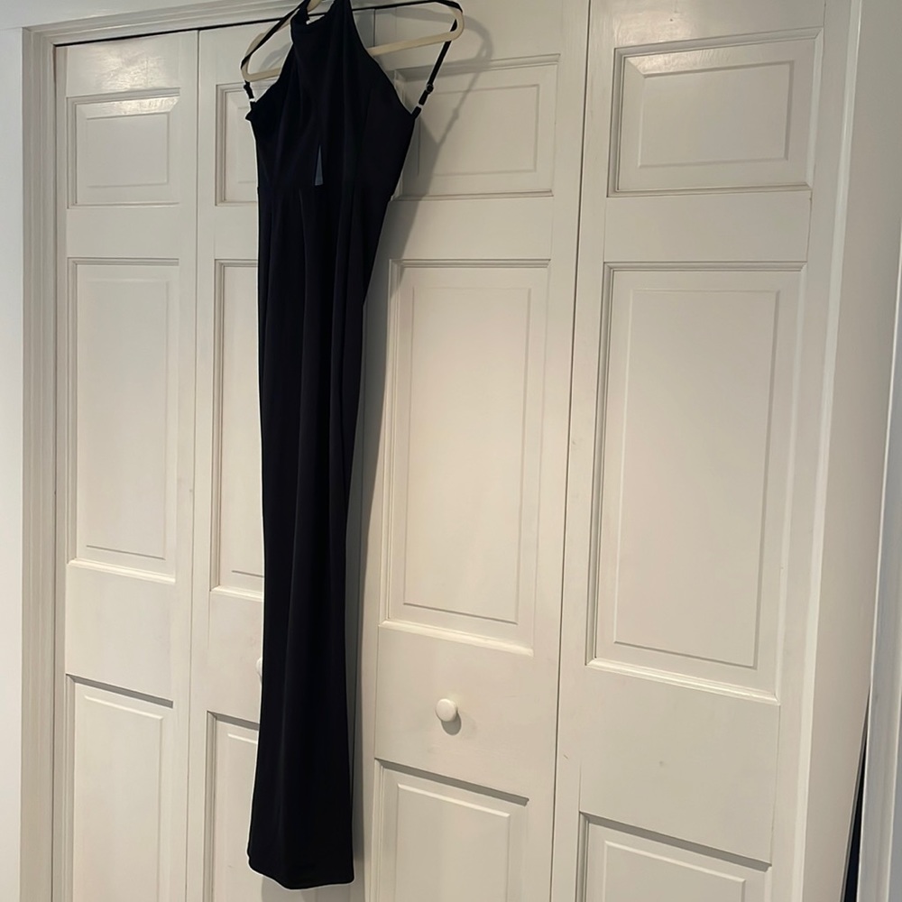 Long black formal halter dress with peephole